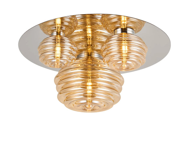 Hunt Round 3 Light Flush With 160mm, 180mm & 280mm Glass, Polished Nickel/Amber