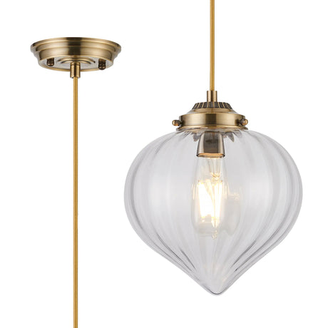 Hyme Single Pendant With Flower Bud Shade 1 x E27, Antique Brass/Golden Brown Braided Cable/Clear