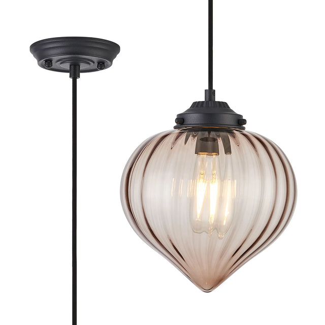 Hyme Single Pendant With Flower Bud Shade 1 x E27, Satin Black/Black Braided Cable/Cognac