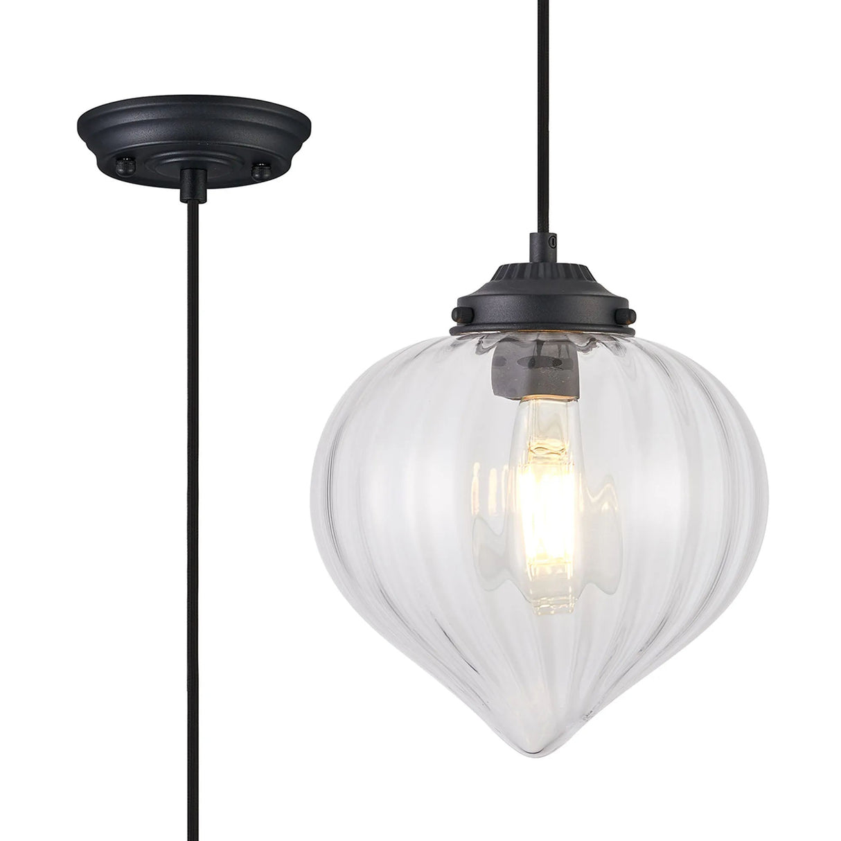 Hyme Single Pendant With Flower Bud Shade 1 x E27, Satin Black/Black Braided Cable/Clear