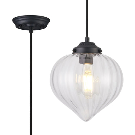Hyme Single Pendant With Flower Bud Shade 1 x E27, Satin Black/Black Braided Cable/Clear