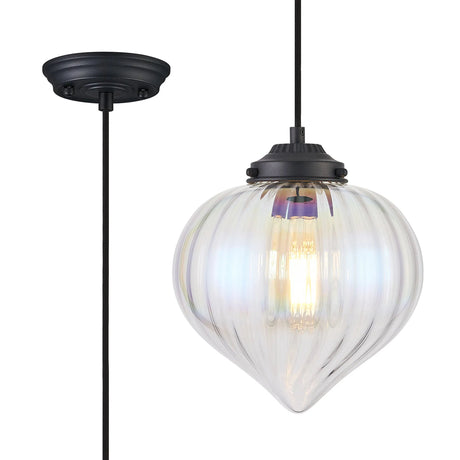 Hyme Single Pendant With Flower Bud Shade 1 x E27, Satin Black/Black Braided Cable/Iridescent Faded