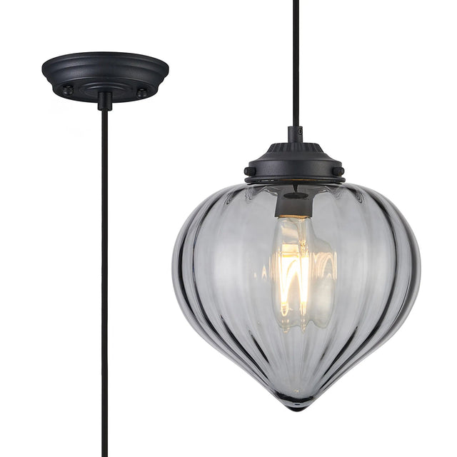 Hyme Single Pendant With Flower Bud Shade 1 x E27, Satin Black/Black Braided Cable/Smoke