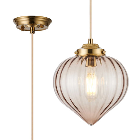 Hyme Single Pendant With Flower Bud Shade 1 x E27, Brass/Pale Gold Braided Cable/Cognac