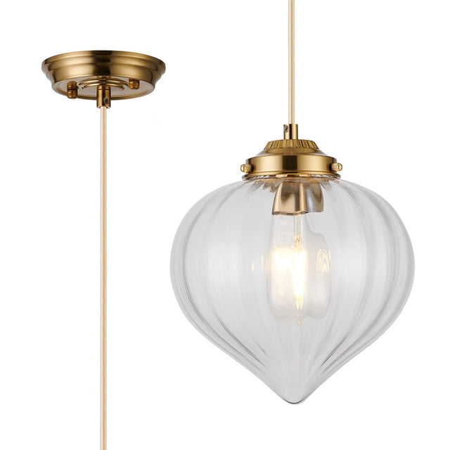 Hyme Single Pendant With Flower Bud Shade 1 x E27, Brass/Pale Gold Braided Cable/Clear