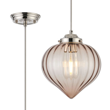 Hyme Single Pendant With Flower Bud Shade 1 x E27, Polished Nickel/Grey Braided Cable/Cognac