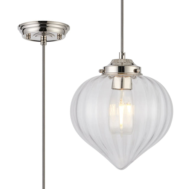 Hyme Single Pendant With Flower Bud Shade 1 x E27, Polished Nickel/Grey Braided Cable/Clear