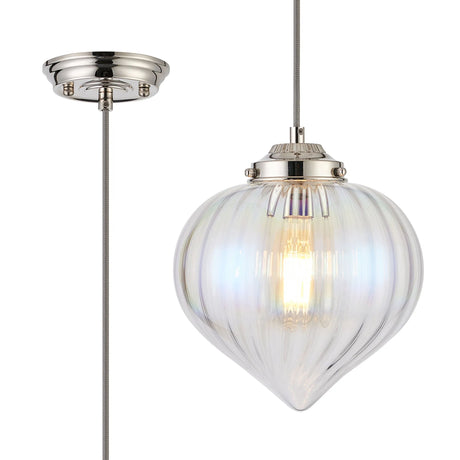 Hyme Single Pendant With Flower Bud Shade 1 x E27, Polished Nickel/Grey Braided Cable/Iridescent Faded
