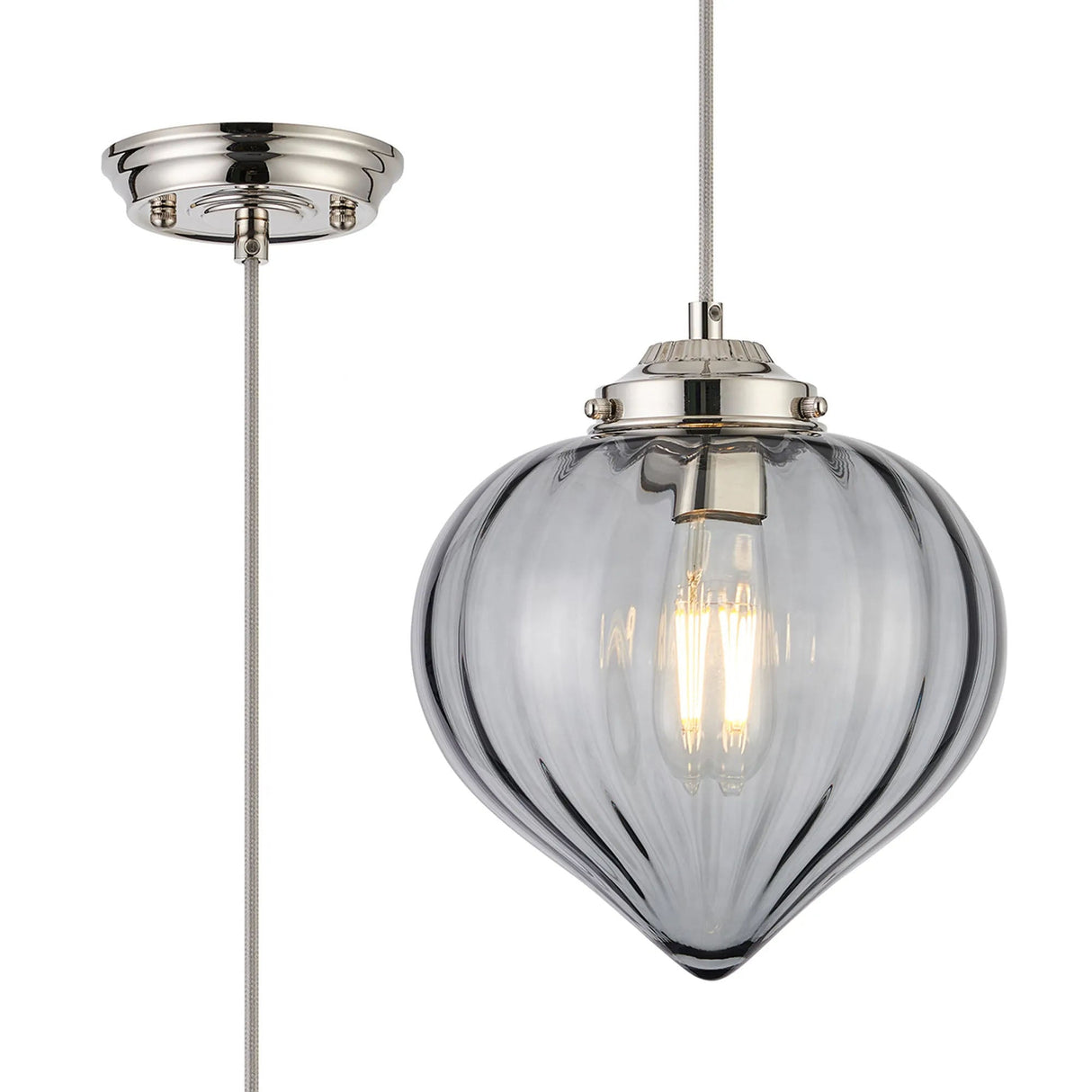 Hyme Single Pendant With Flower Bud Shade 1 x E27, Polished Nickel/Grey Braided Cable/Smoke