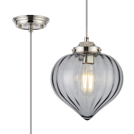 Hyme Single Pendant With Flower Bud Shade 1 x E27, Polished Nickel/Grey Braided Cable/Smoke