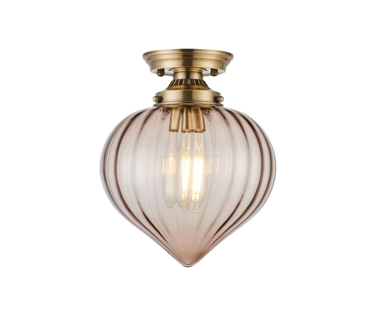 Hyme Flush Ceiling Light With Flower Bud Shade 1 x E27, Antique Brass/Cognac