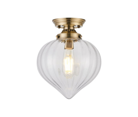 Hyme Flush Ceiling Light With Flower Bud Shade 1 x E27, Antique Brass/Clear