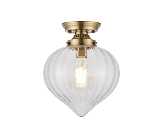Hyme Flush Ceiling Light With Flower Bud Shade 1 x E27, Antique Brass/Clear