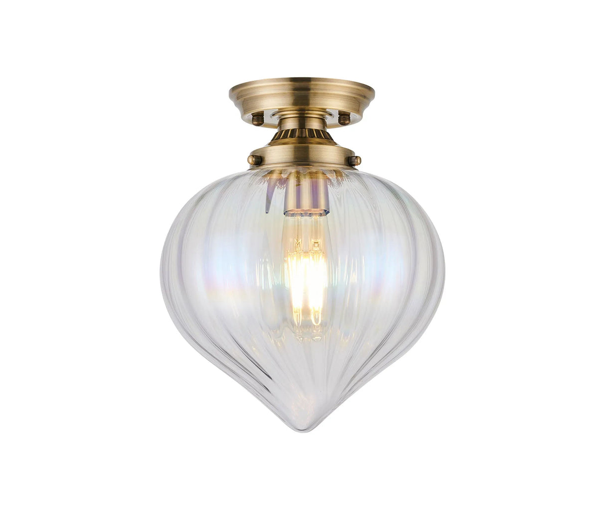 Hyme Flush Ceiling Light With Flower Bud Shade 1 x E27, Antique Brass/Iridescent Faded