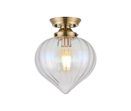 Hyme Flush Ceiling Light With Flower Bud Shade 1 x E27, Antique Brass/Iridescent Faded