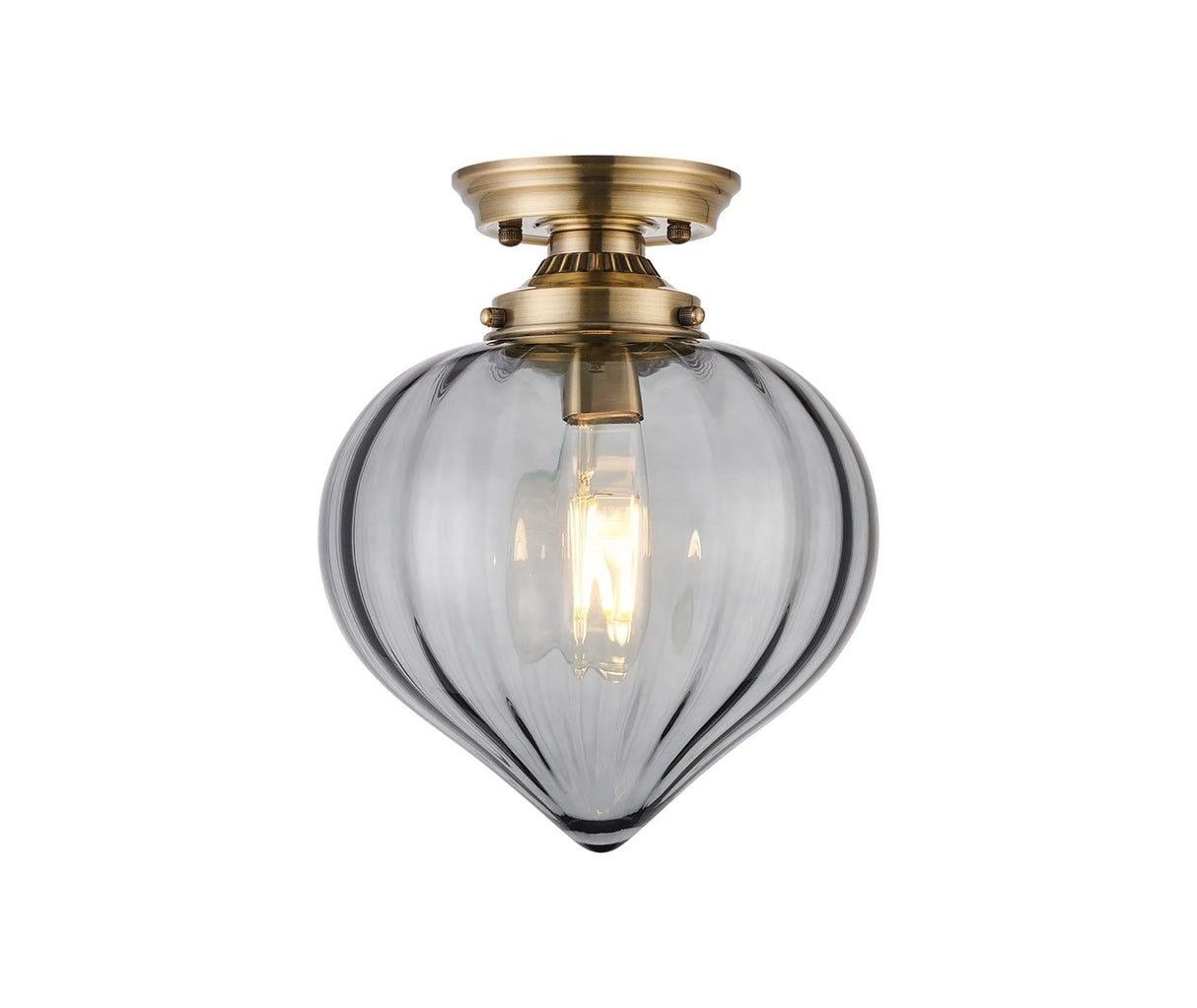 Hyme Flush Ceiling Light With Flower Bud Shade 1 x E27, Antique Brass/Smoke