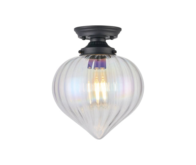 Hyme Flush Ceiling Light With Flower Bud Shade 1 x E27, Satin Black/Iridescent Faded