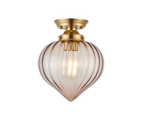Hyme Flush Ceiling Light With Flower Bud Shade 1 x E27, Brass/Cognac