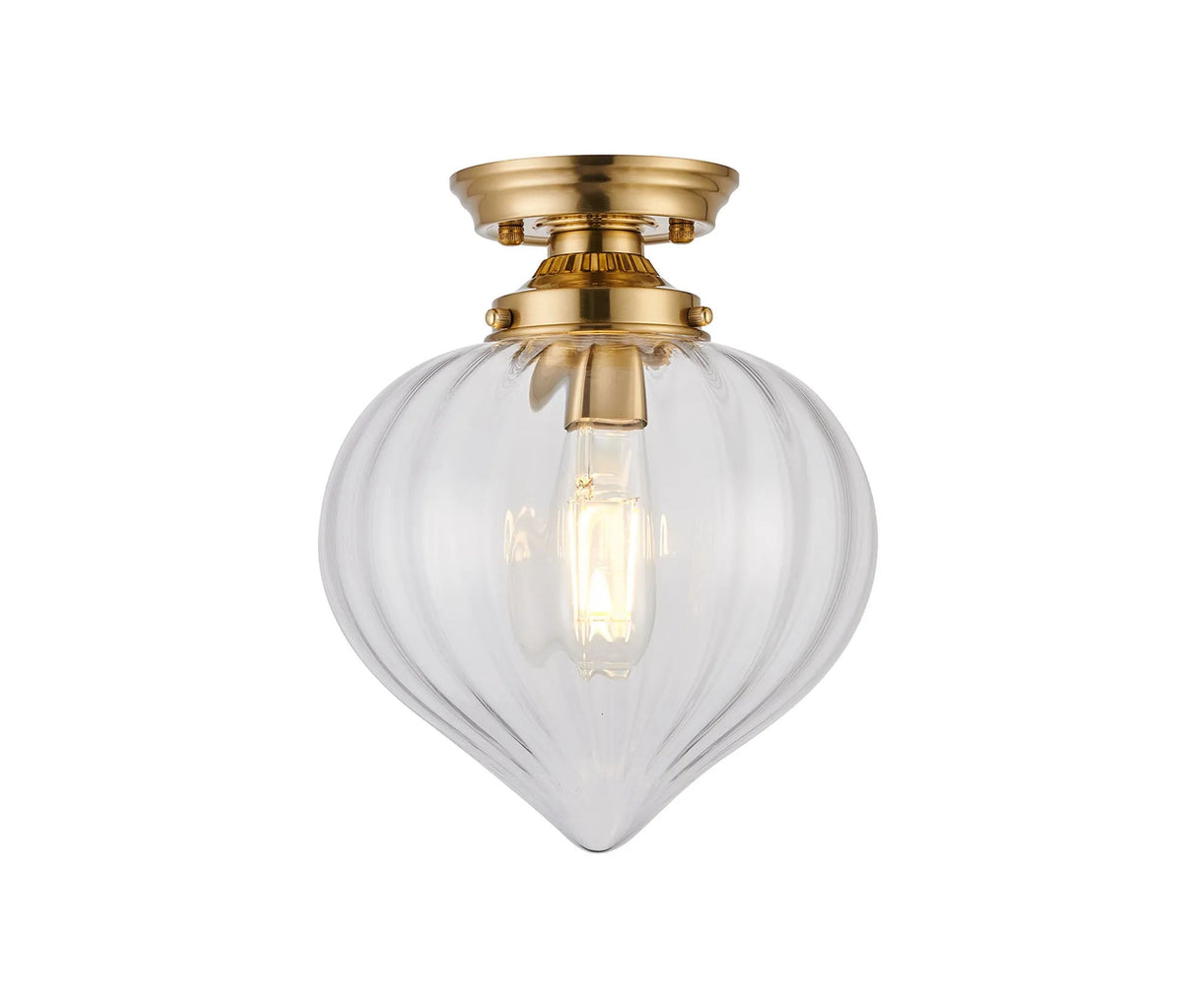 Hyme Flush Ceiling Light With Flower Bud Shade 1 x E27, Brass/Clear