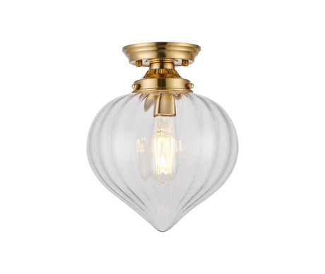 Hyme Flush Ceiling Light With Flower Bud Shade 1 x E27, Brass/Clear