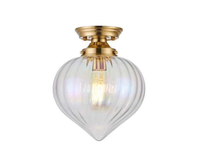 Hyme Flush Ceiling Light With Flower Bud Shade 1 x E27, Brass/Iridescent Faded
