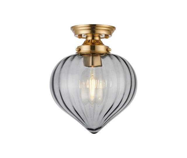 Hyme Flush Ceiling Light With Flower Bud Shade 1 x E27, Brass/Smoke
