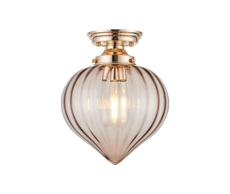 Hyme Flush Ceiling Light With Flower Bud Shade 1 x E27, French Gold/Cognac