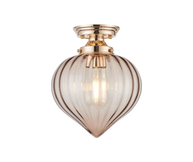Hyme Flush Ceiling Light With Flower Bud Shade 1 x E27, French Gold/Cognac
