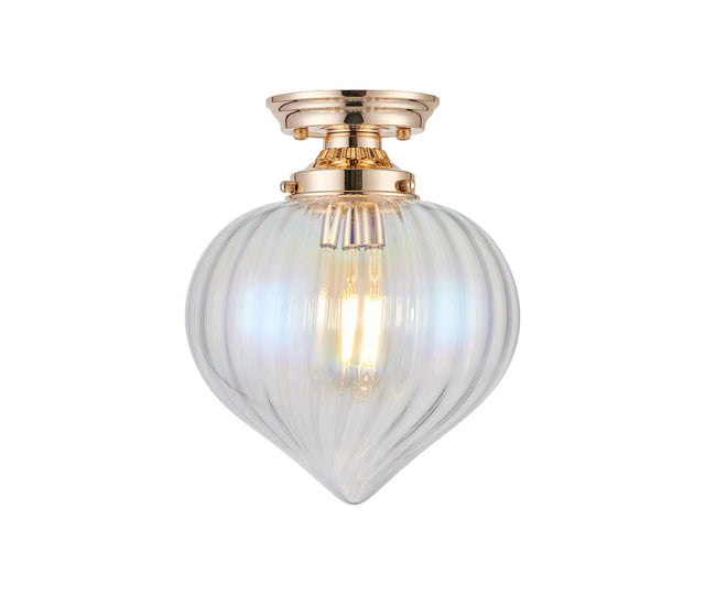 Hyme Flush Ceiling Light With Flower Bud Shade 1 x E27, French Gold/Iridescent Faded