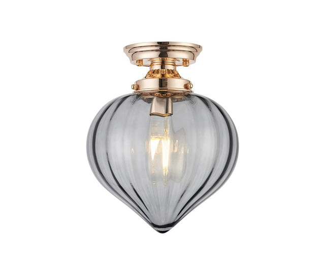 Hyme Flush Ceiling Light With Flower Bud Shade 1 x E27, French Gold/Smoke