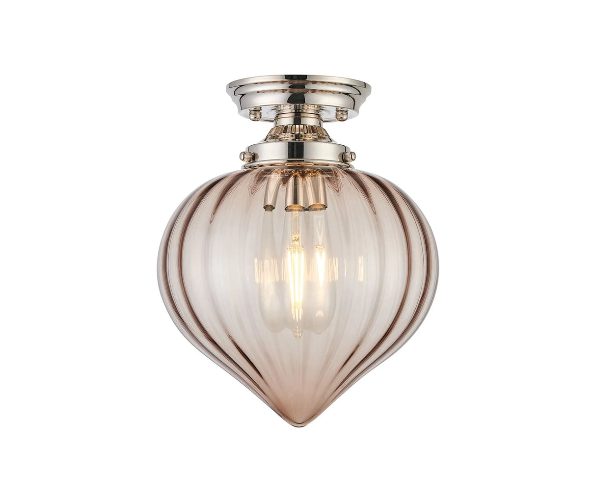 Hyme Flush Ceiling Light With Flower Bud Shade 1 x E27, Polished Nickel/Cognac