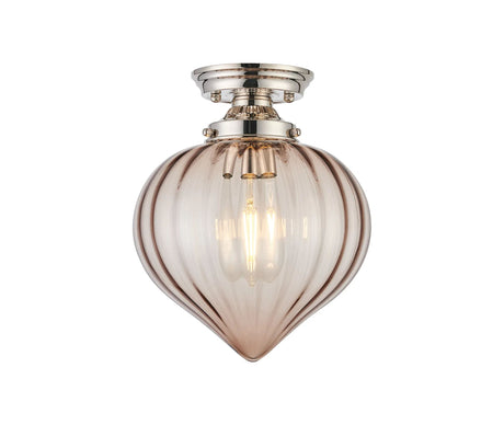 Hyme Flush Ceiling Light With Flower Bud Shade 1 x E27, Polished Nickel/Cognac