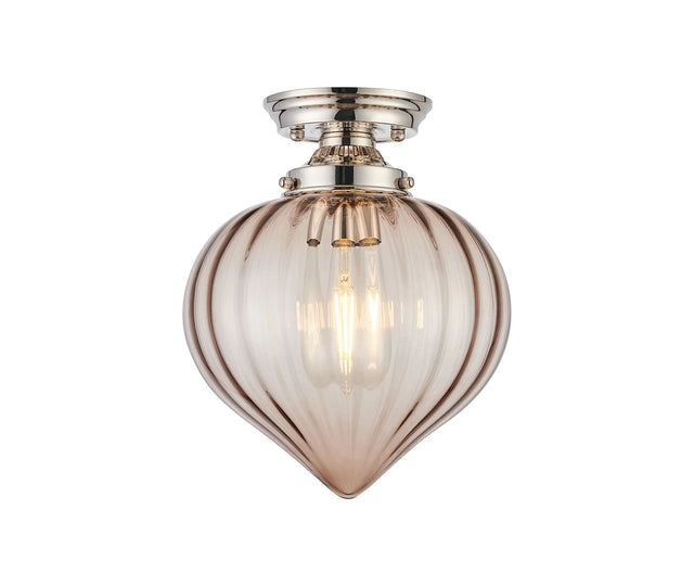 Hyme Flush Ceiling Light With Flower Bud Shade 1 x E27, Polished Nickel/Cognac