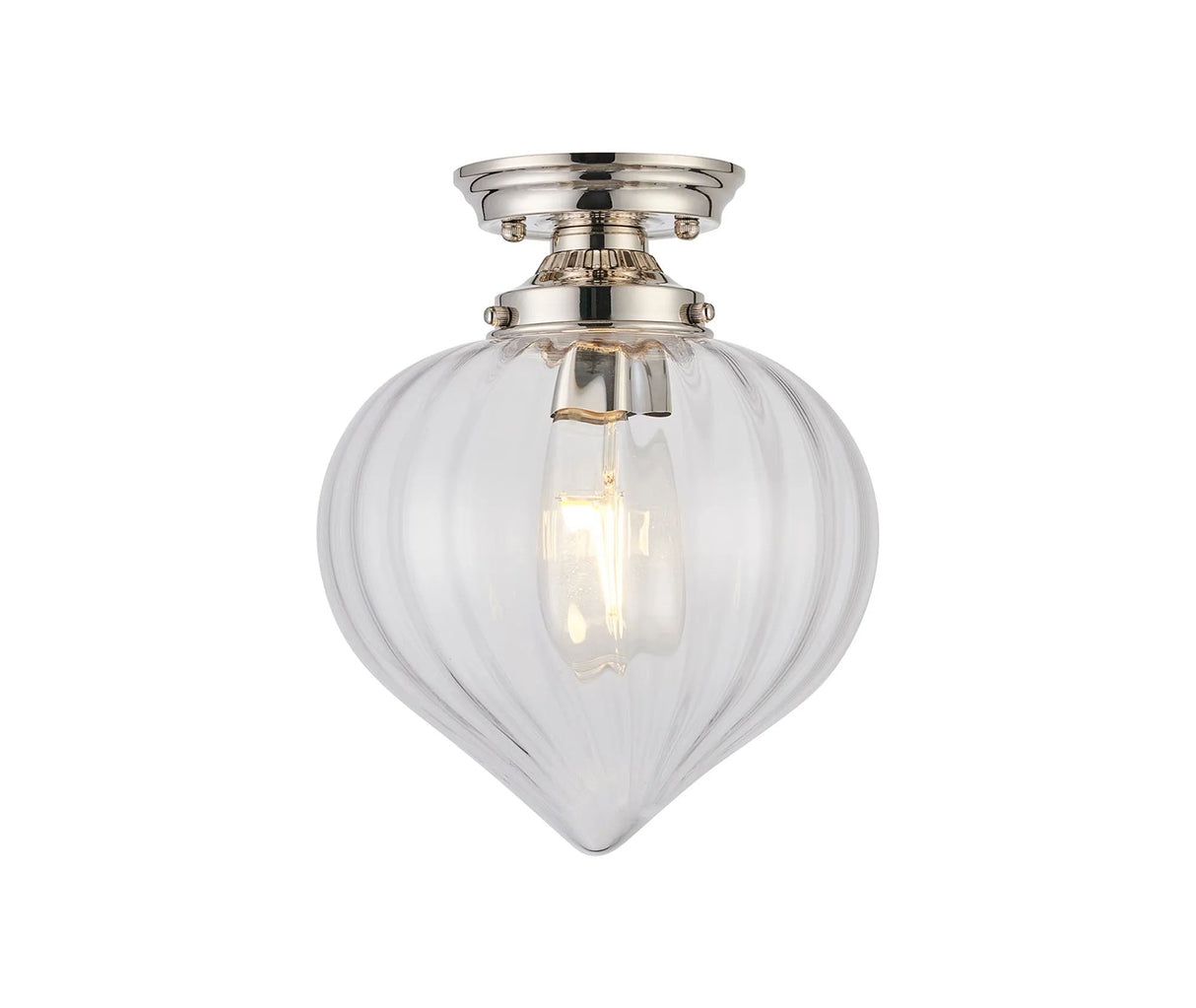 Hyme Flush Ceiling Light With Flower Bud Shade 1 x E27, Polished Nickel/Clear