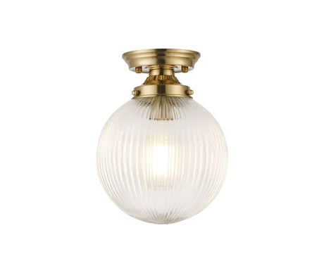 Hyme Flush Ceiling Light With 20cm Acorn Ribbed Glass, 1 x E27, Brass/Clear