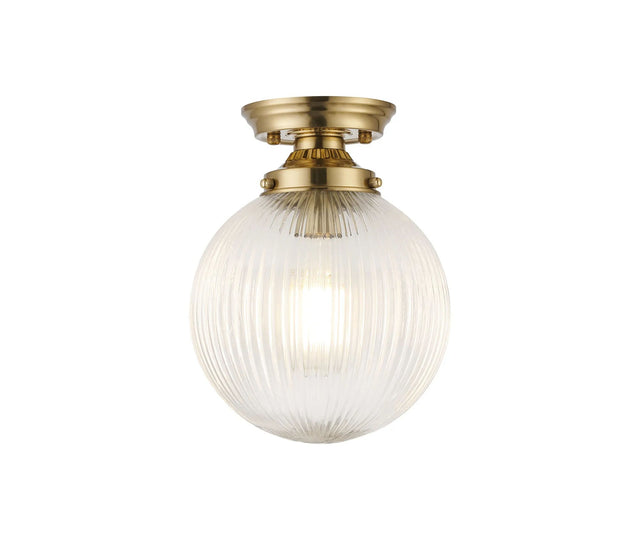 Hyme Flush Ceiling Light With 20cm Acorn Ribbed Glass, 1 x E27, Brass/Clear