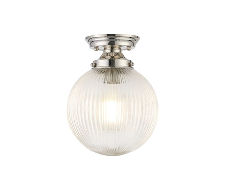 Hyme Flush Ceiling Light With 20cm Acorn Ribbed Glass, 1 x E27, Polished Nickel/Clear