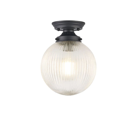 Hyme Flush Ceiling Light With 20cm Acorn Ribbed Glass, 1 x E27, Satin Black/Clear