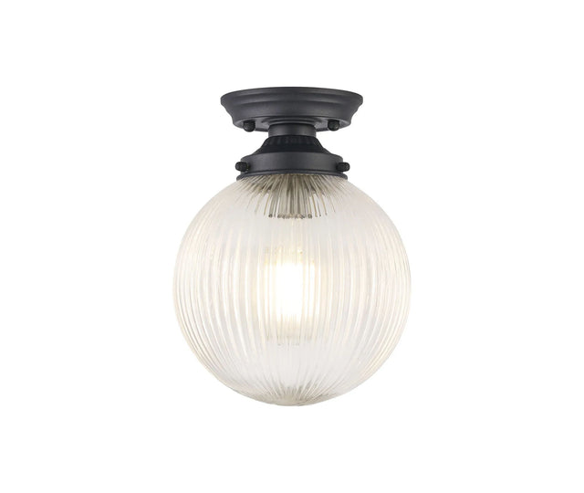 Hyme Flush Ceiling Light With 20cm Acorn Ribbed Glass, 1 x E27, Satin Black/Clear