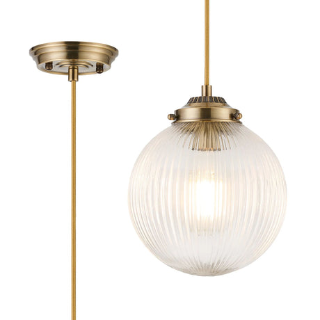 Hyme Single Pendant With 20cm Acorn Ribbed Glass, 1 x E27, Antique Brass/Golden Brown Braided Braided Cable/Clear