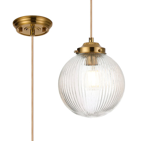Hyme Single Pendant With 20cm Acorn Ribbed Glass, 1 x E27, Brass/Pale Gold Braided Cable/Clear