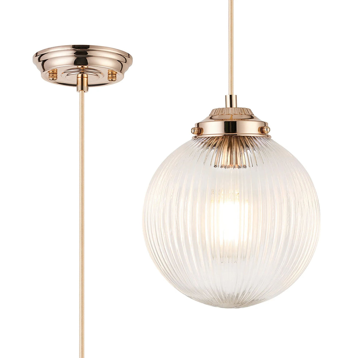 Hyme Single Pendant With 20cm Acorn Ribbed Glass, 1 x E27, French Gold/Gold Braided Braided Cable/Clear