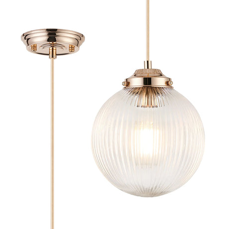 Hyme Single Pendant With 20cm Acorn Ribbed Glass, 1 x E27, French Gold/Gold Braided Braided Cable/Clear