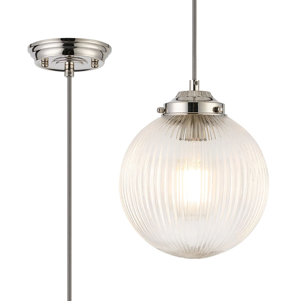 Hyme Single Pendant With 20cm Acorn Ribbed Glass, 1 x E27, Polished Nickel/Grey Braided Braided Cable/Clear