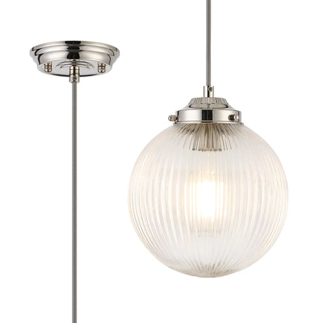 Hyme Single Pendant With 20cm Acorn Ribbed Glass, 1 x E27, Polished Nickel/Grey Braided Braided Cable/Clear