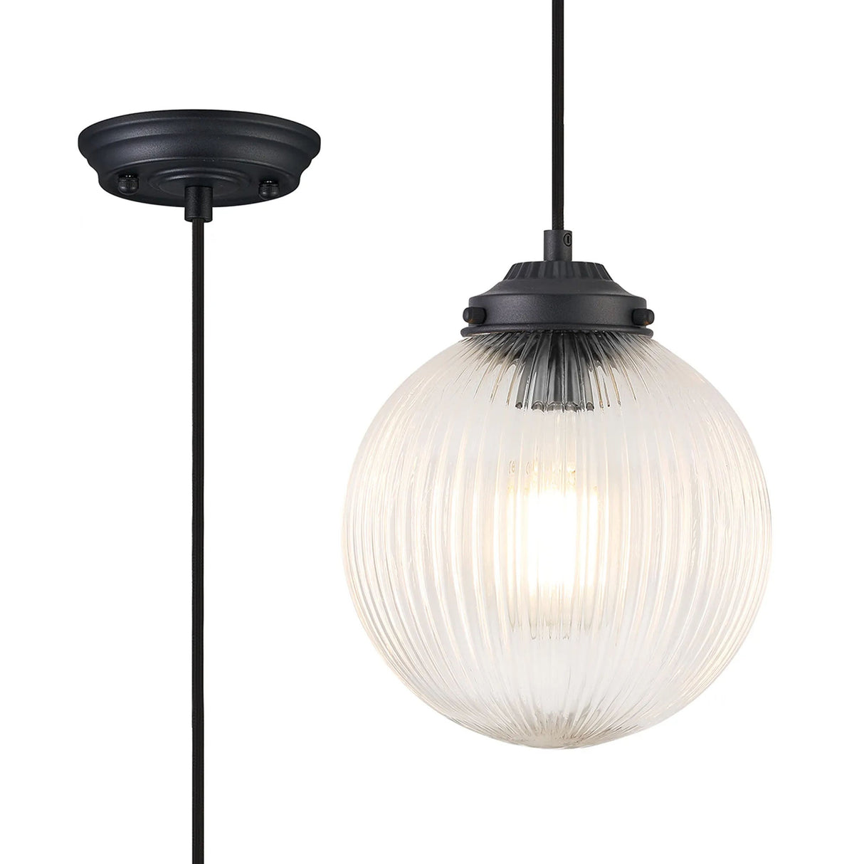 Hyme Single Pendant With 20cm Acorn Ribbed Glass, 1 x E27, Satin Black/Black Twisted Braided Cable/Clear