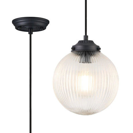 Hyme Single Pendant With 20cm Acorn Ribbed Glass, 1 x E27, Satin Black/Black Twisted Braided Cable/Clear