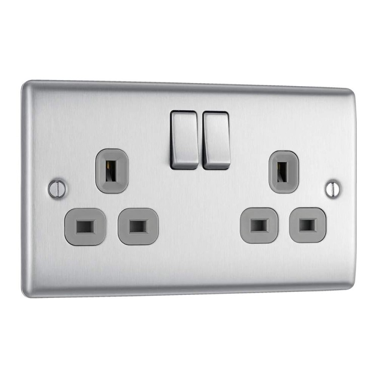 BG NBS22G Nexus Metal Brushed Steel, 13A Double Switched Socket, Grey Inserts