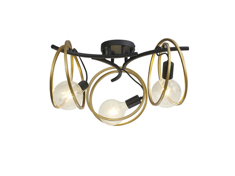 Kay Double Ring Ceiling Flush, 3 x E27, Matt Black/Painted Gold, G95/120 Lamp Recommended