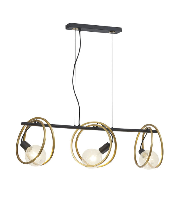 Kay Double Ring Linear Pendant, 3 x E27, Matt Black/Painted Gold, G95/120 Lamp Recommended